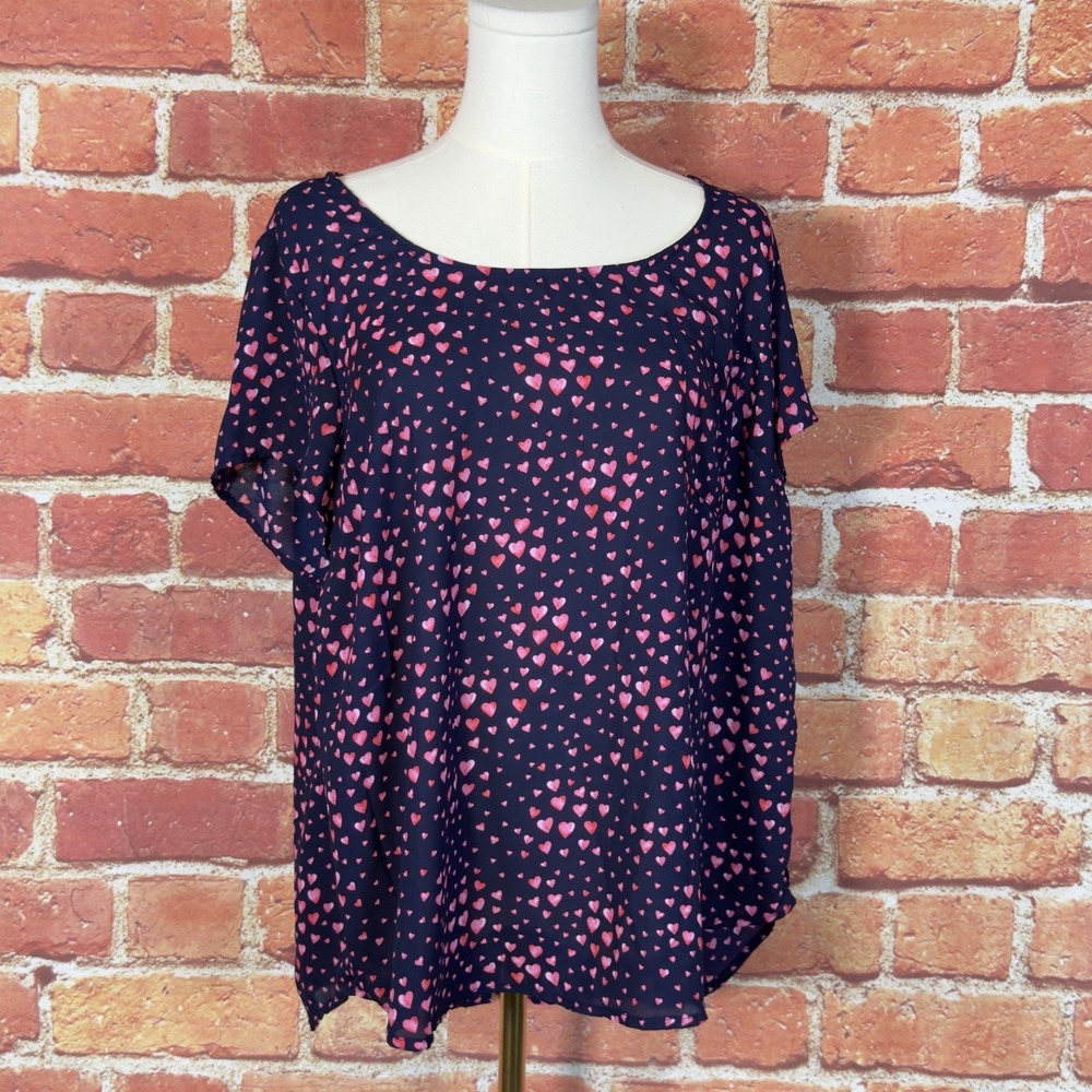 Torrid Pink Heart Print Crepe Navy Top Semi Sheer Blouse Plus Size 0